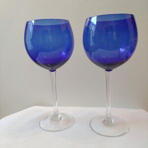 3 Cobalt Blue Balloon Wine Goblets/Glasses With Clear Stem 8"5/8 New